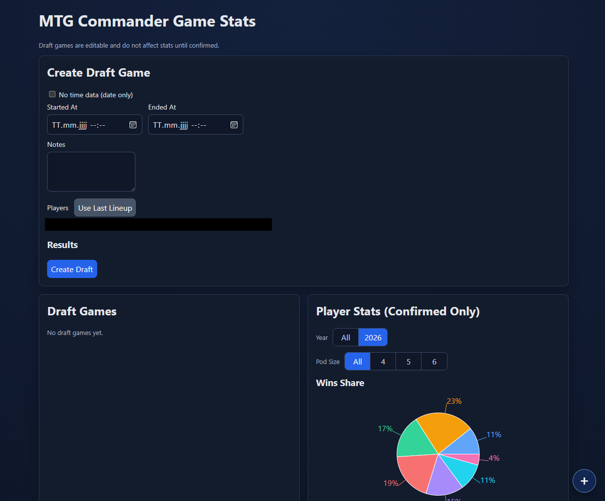 Screenshot der MTG Commander Game Stats App: Draft-Games anlegen und Spieler-Statistiken